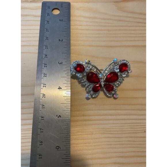 Butterfly Brooch Pin With Red Rhinestones & Silver Accents - Picture 4 of 4